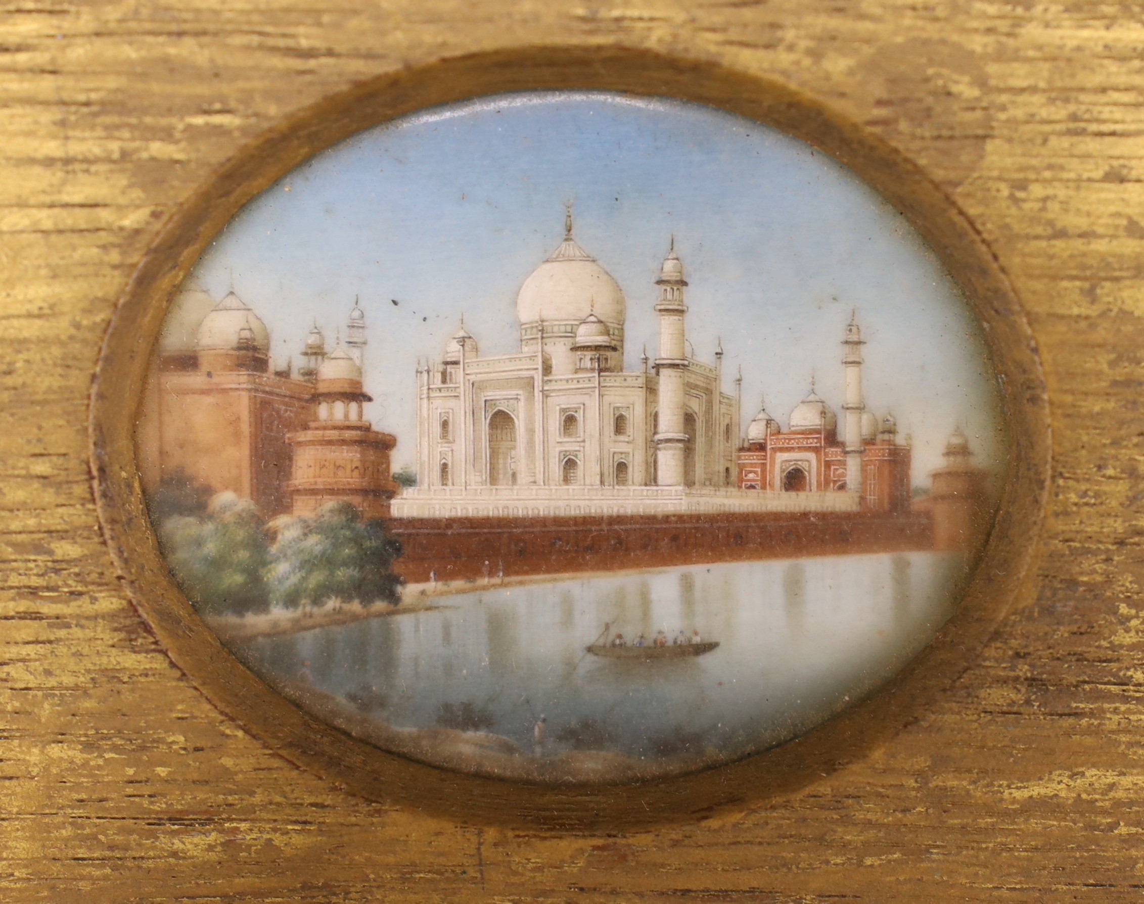 Late 19th century Indian School, oil on ivory, Miniature of the Taj Mahal, 4.5 x 6cm